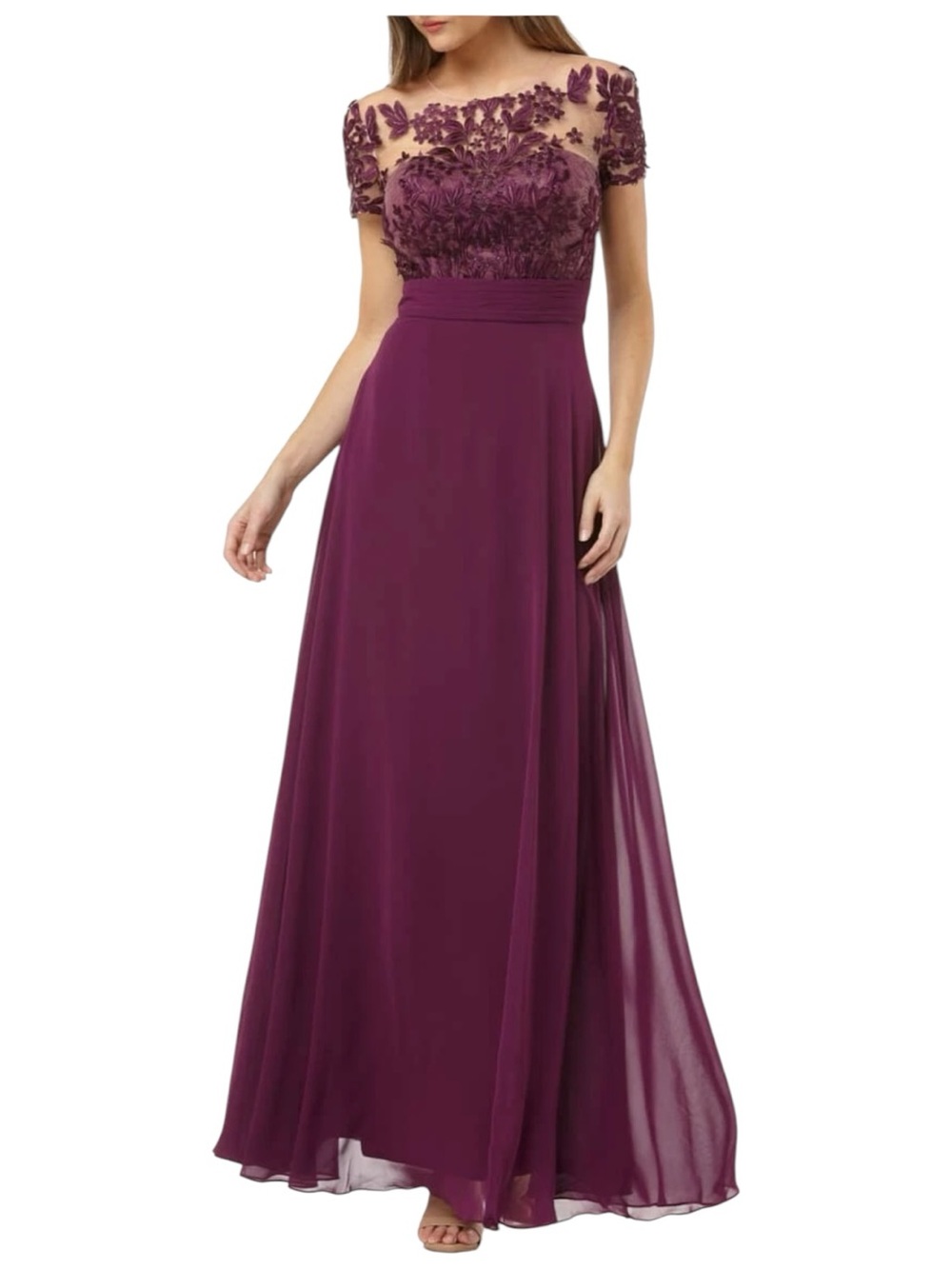 JS COLLECTIONS Purple Floral Embroidered Mesh Illusion Formal Gown Size 4
